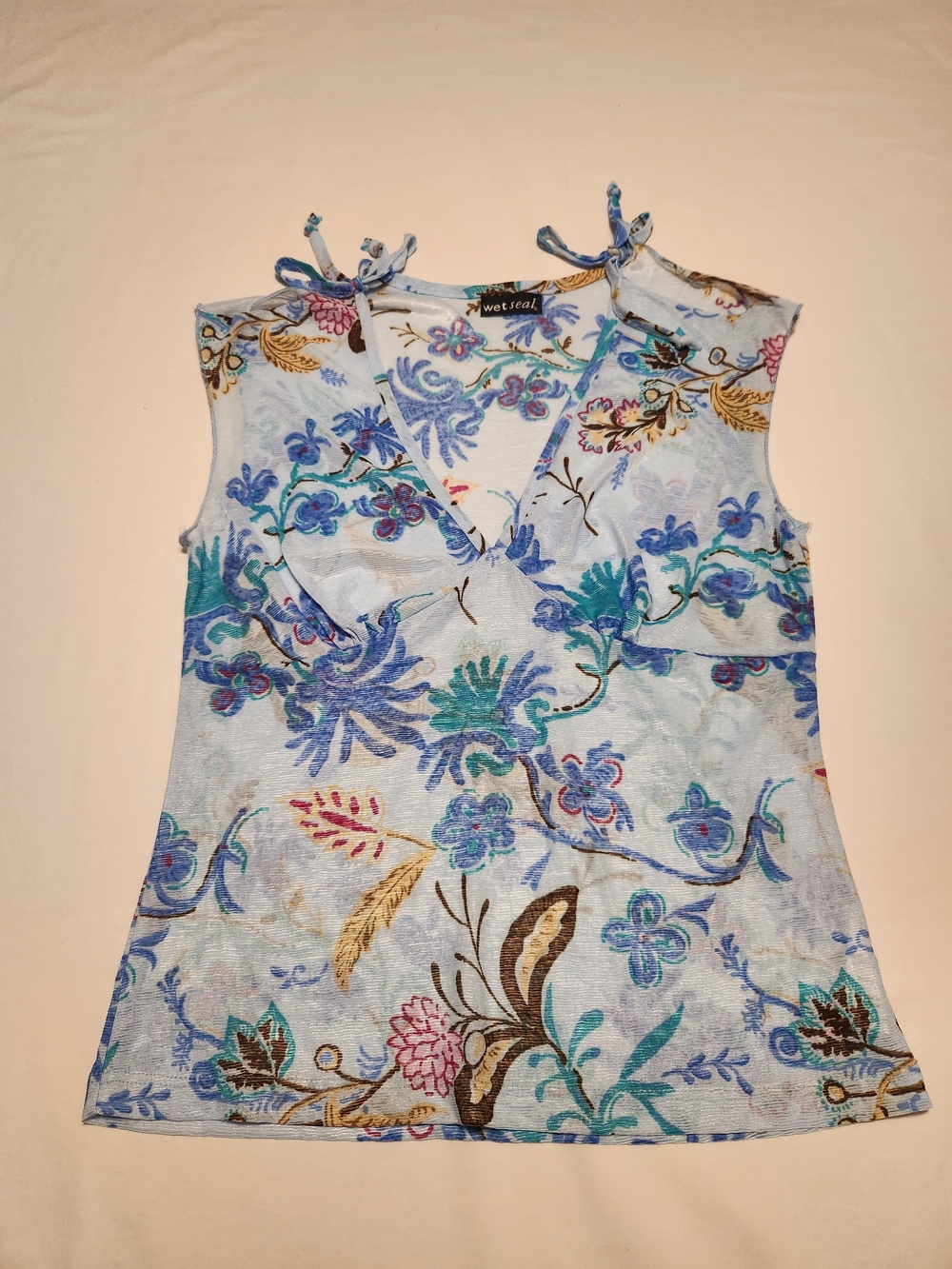 Wet Seal Y2K Floral Sleeveless V Neck Top Medium Blue Boho